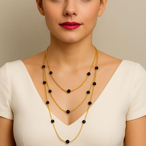 Jewelry - Triple Layer Faceted Black Bead Gold Necklace — Elegant Multi-Strand Design